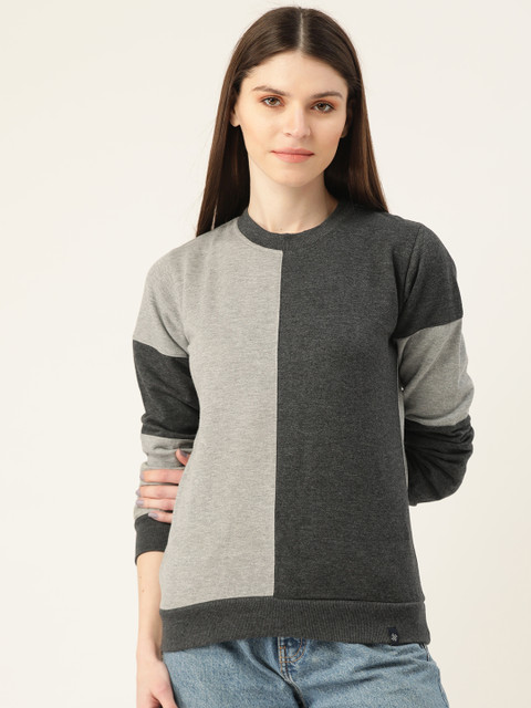 

VERONIQUE Women Grey Pure Cotton Colourblocked Sweatshirt