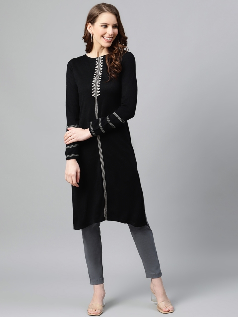 

W Women Black Yoke Design Thread Work Straight Winter Kurta