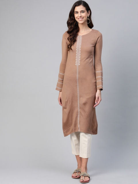

W Women Taupe Solid Kurta With Thread Work