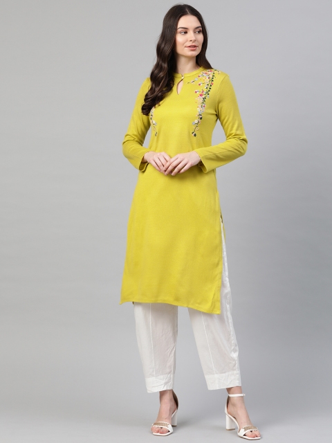 

W Women Yellow Floral Yoke Design Straight Acrylic Winter Kurta