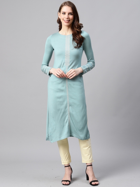 

W Women Blue Yoke Design Thread Work Winter Kurta