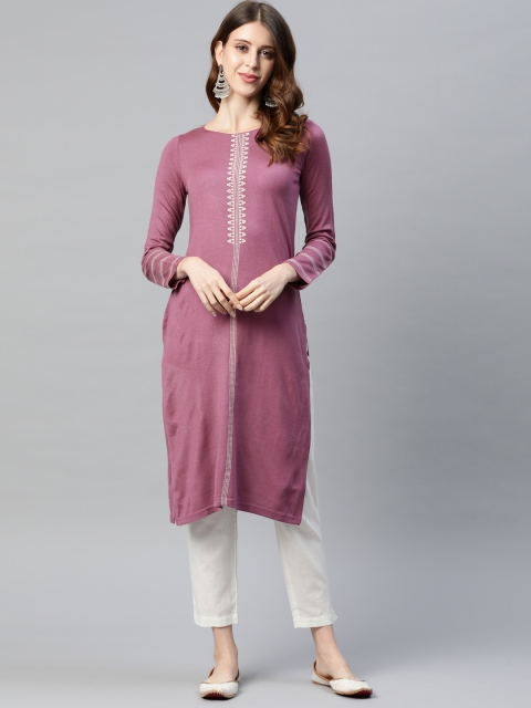 

W Women Mauve Geometric Yoke Design Thread Work Pastels Winter Kurta
