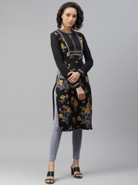 

W Women Black & Mustard Brown Floral Printed Keyhole Neck Thread Work Kurta