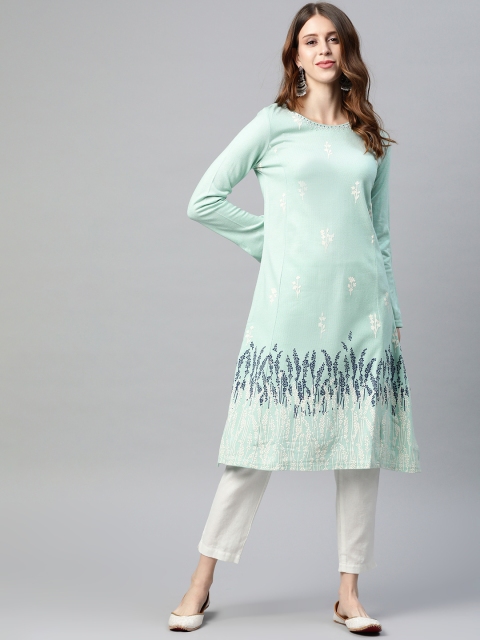 

W Women Green & White Floral Printed Pastels A-Line Winter Kurta