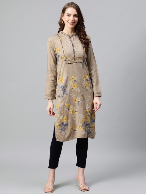 

W Women Beige & Mustard Yellow Floral Printed Straight Winter Kurta
