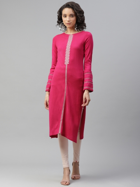 

W Women Magenta & White Solid Kurta With Embroidered Detail