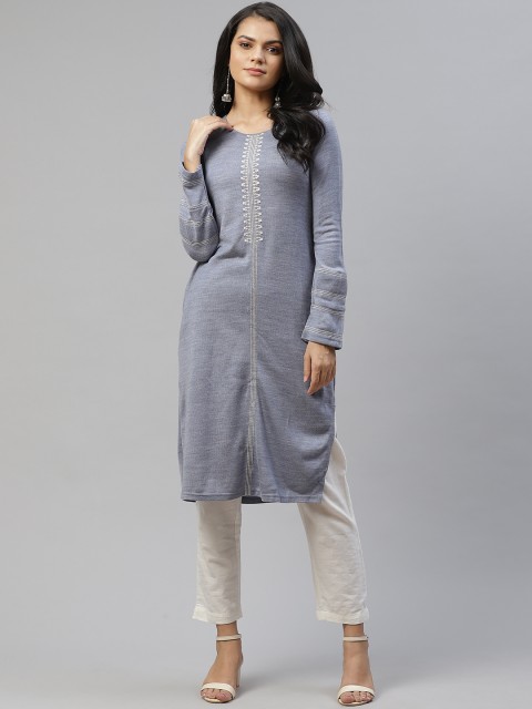 

W Women Blue & Off White Striped Thread Work Winter Kurta