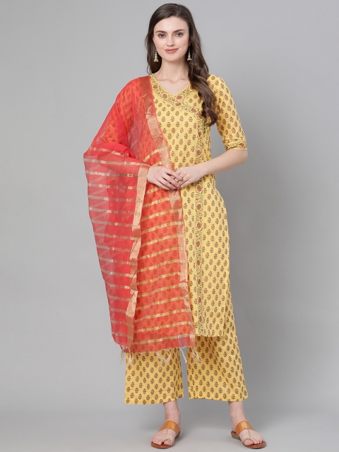

Indo Era Women Yellow & Red Foil Print Kurta with Palazzos & Dupatta