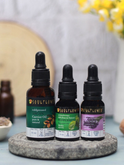 

Soulflower Pack of 3 Argan Carrier Oil & Peppermint & Lavender Essential Oil For Skin Hair, Transparent