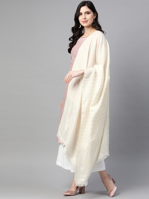 

W Women Cream Coloured Woven Design Jacquard Shawl