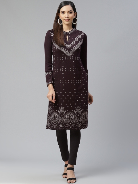 

W Women Aubergine & Grey Self-Design Knitted Winter Kurta, Purple