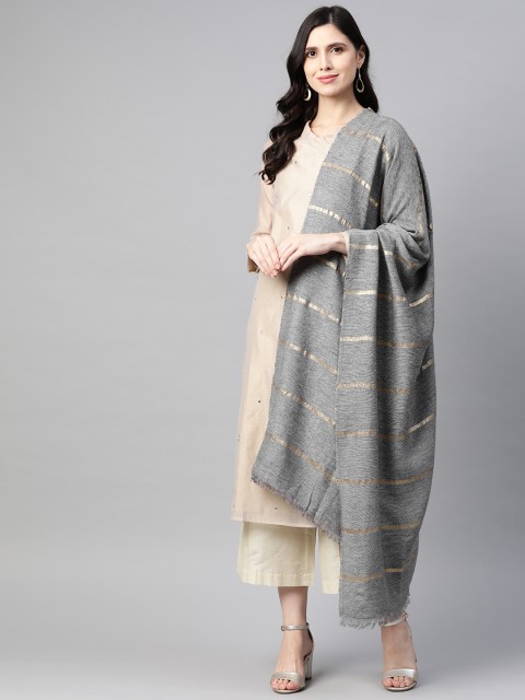 

W Women Grey Melange & Golden Striped Woven Design Shawl