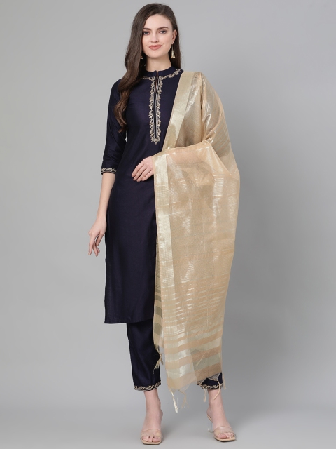 

Indo Era Women Navy Blue & Cream-Coloured Yoke Embroidered Kurta with Trousers & Dupatta