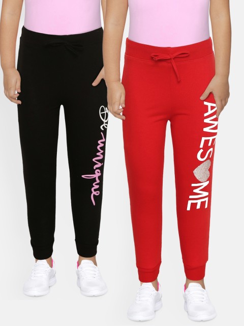 

Eteenz Girls Pack of 2 Typography Print Cotton Joggers, Red