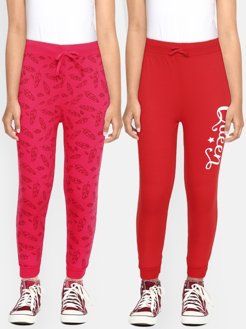 

Eteenz Girls Pack of 2 Cotton Printed Joggers, Red
