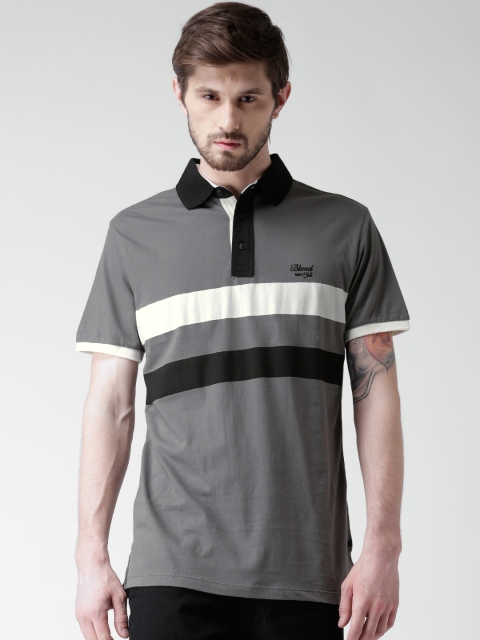 

BLEND Grey Striped Polo Pure Cotton T-shirt