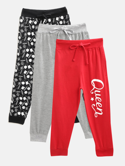 

Eteenz Girls Pack of 3 Premium Cotton Printed Joggers, Red