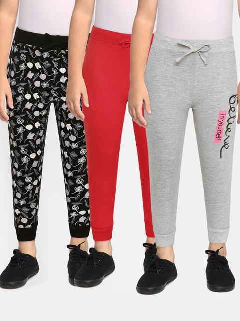 

Eteenz Girls Pack of 3 Cotton Joggers, Red