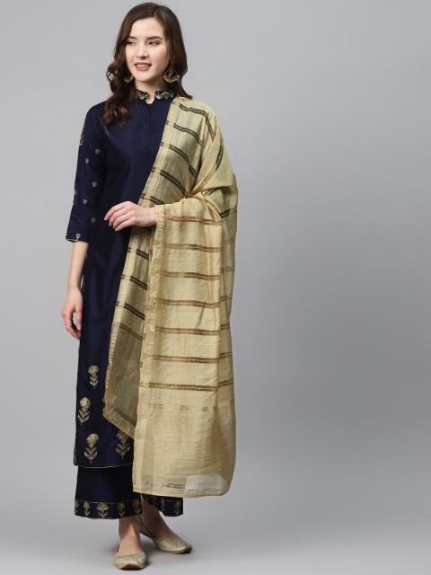 

Indo Era Women Navy Blue & Beige Solid Kurta with Palazzos & Dupatta