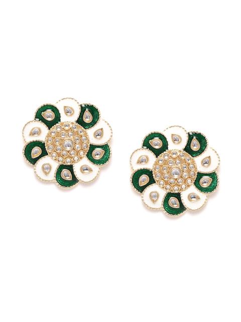 

Zobby Green & White Gold-Plated Hand Painted Kundan Circular Oversized Studs