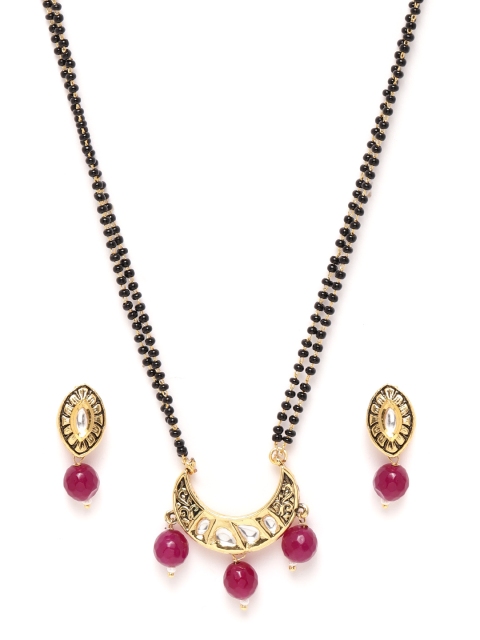 

Zobby Magenta & Black Antique Gold-Plated Kundan Studded & Beaded Mangalsutra Set