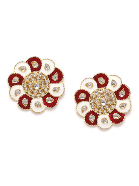 

Zobby Maroon & White Gold-Plated Kundan-Studded Hand Painted Circular Drop Earrings