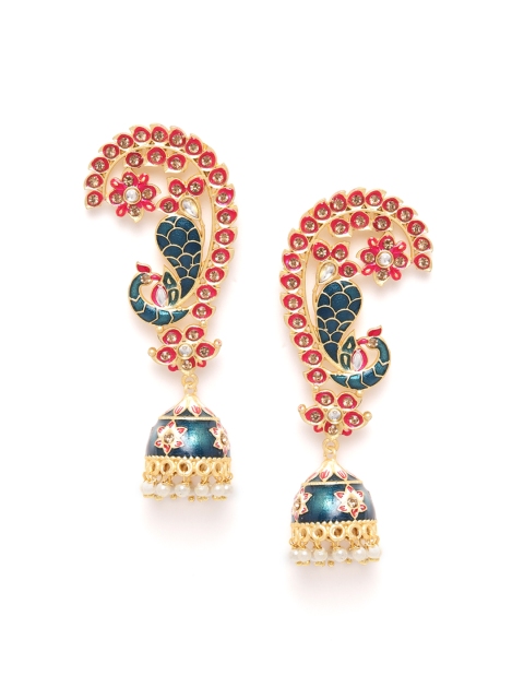 

Zobby Teal Blue & Pink Gold-Plated Enamelled Handcrafted Stone-Studded Dome Shaped Jhumkas