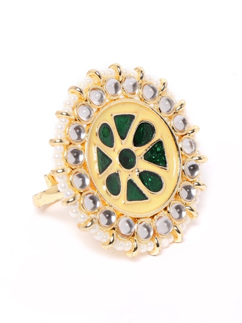 

Zobby Green & Yellow Gold-Plated Hand Painted Kundan Circular Adjustable Finger Ring