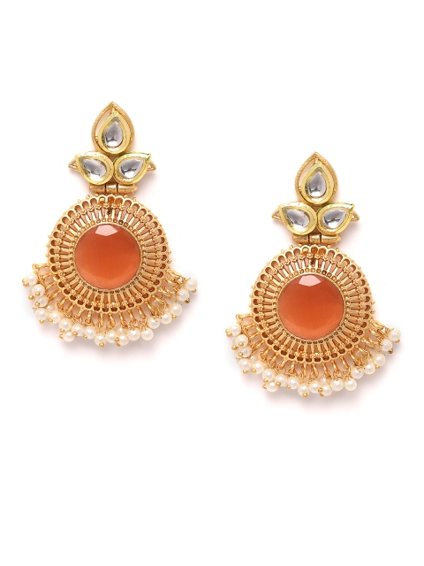 

Zobby Orange Gold-Plated Kundan-Studded Beaded Handcrafted Circular Drop Earrings