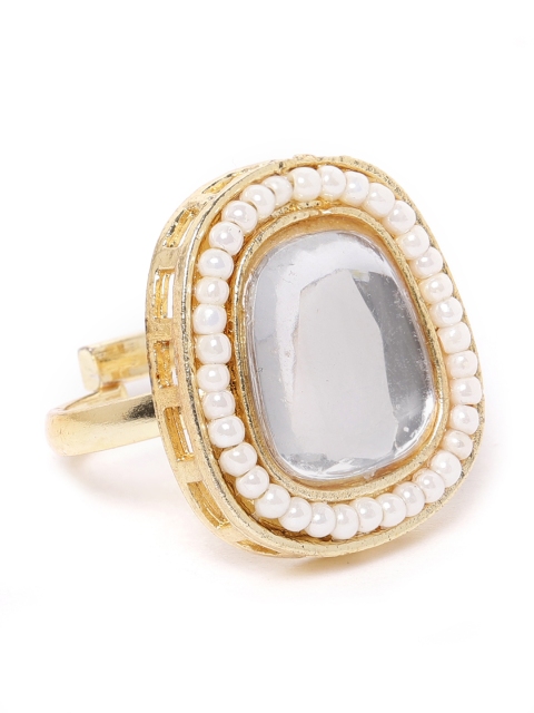

Zobby Off-White Gold-Plated Kundan Studded & Beaded Geometric Adjustable Finger Ring