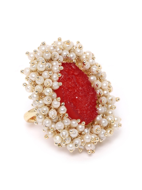 

Zobby Red & Off-White Gold-Plated Duzy Studded & Beaded Oval Adjustable Finger Ring