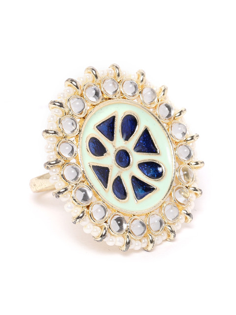 

Zobby Navy & Mint Green Gold-Plated Hand Painted Kundan Circular Adjustable Finger Ring, Navy blue