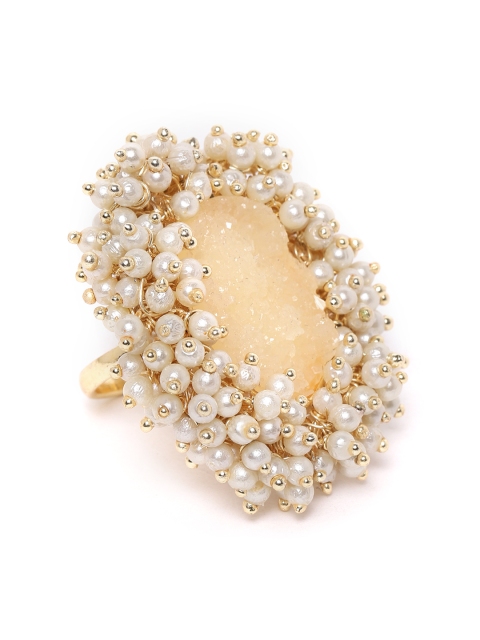 

Zobby Yellow & Off-White Gold-Plated Duzy Studded & Beaded Oval Adjustable Finger Ring