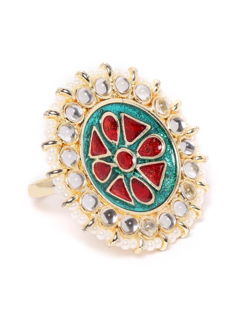 

Zobby Red & Teal Green Gold-Plated Hand Painted Kundan Circular Adjustable Finger Ring