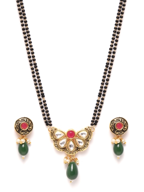 

Zobby Green & Black Antique Gold-Plated Kundan Studded & Beaded Mangalsutra & Earrings Set