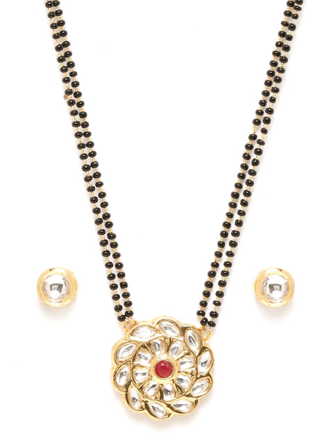 

Zobby Red & Black Gold-Plated Kundan Studded & Beaded Mangalsutra & Earrings Set