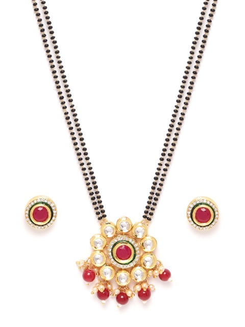 

Zobby Magenta & Black Gold-Plated Kundan Studded & Beaded Mangalsutra & Earrings Set