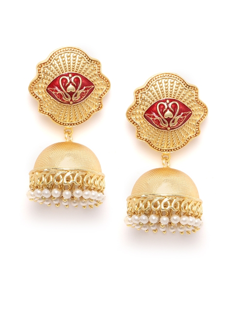 

Zobby Maroon Gold-Plated Enamelled Textured Handcrafted Dome Shaped Jhumkas