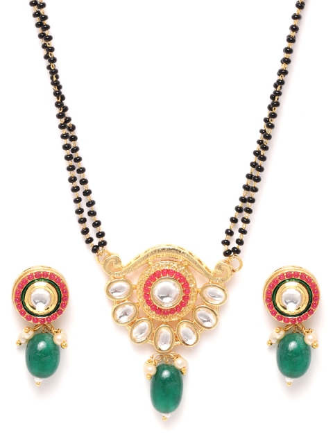 

Zobby Black & Green Gold-Plated Kundan Studded & Beaded Mangalsutra & Earrings Set