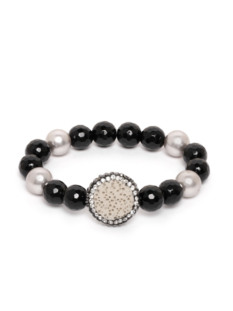 

Zobby Black & Silver-Toned Stone-Studded & Beaded Handcrafted Elasticated Bracelet