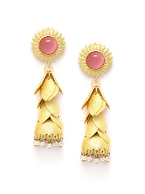 

Zobby Pink Gold-Plated Stone-Studded Beaded Handcrafted Dome-Shaped Jhumkas