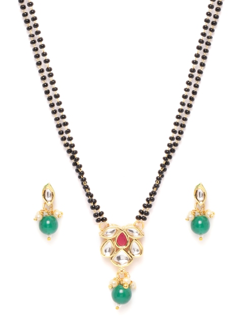 

Zobby Black & Green Gold-Plated Kundan Studded & Beaded Mangalsutra & Earrings Set