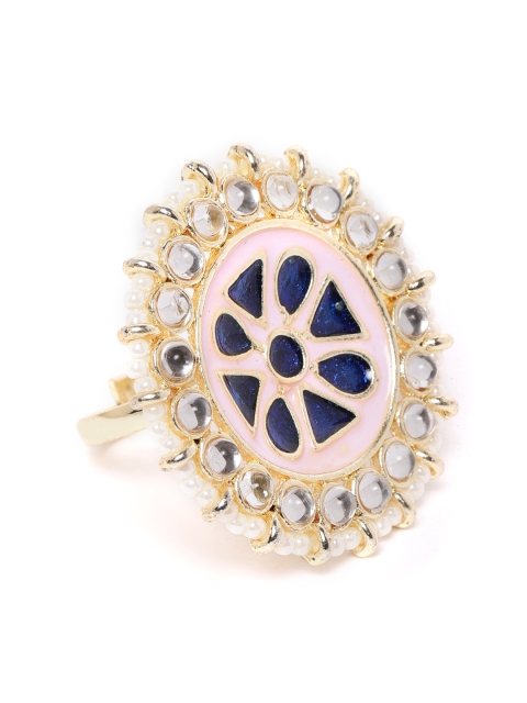 

Zobby Navy & Pink Gold-Plated Hand Painted Kundan Circular Adjustable Finger Ring, Navy blue