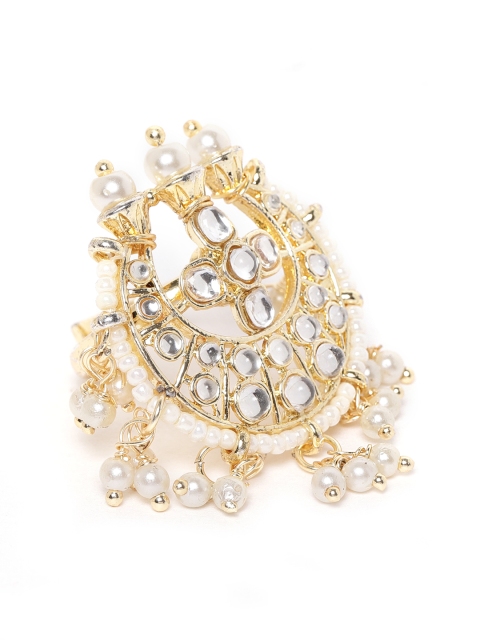 

Zobby Off-White Gold-Plated Kundan Studded & Beaded Crescent Shaped Adjustable Finger Ring