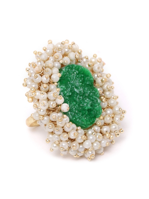 

Zobby Green & Off-White Gold-Plated Duzy Studded & Beaded Oval Adjustable Finger Ring
