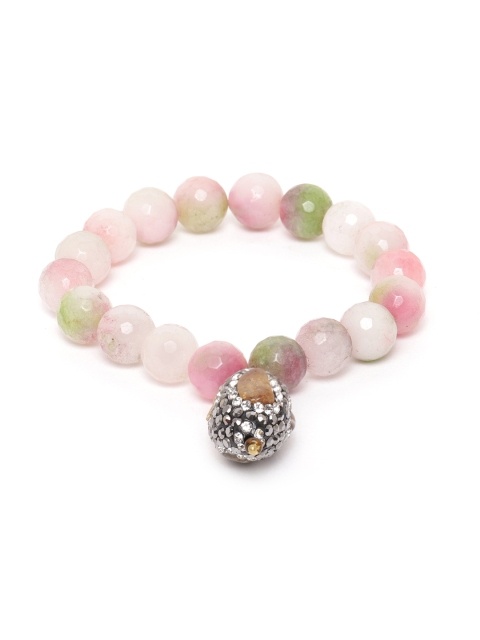 

Zobby Pink & Green Stone-Studded & Beaded Handcrafted Elasticated Bracelet