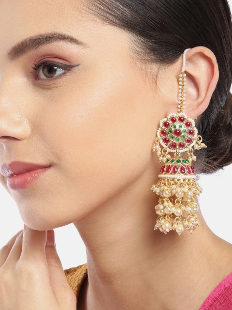 

Melani Borsa Magenta Gold-Plated Kundan Handcrafted Dome Shaped Jhumkas with Ear Chains