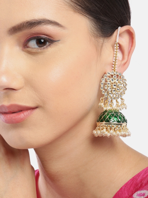 

Melani Borsa Green Gold-Plated Kundan Handcrafted Dome Shaped Jhumkas with Ear Chains