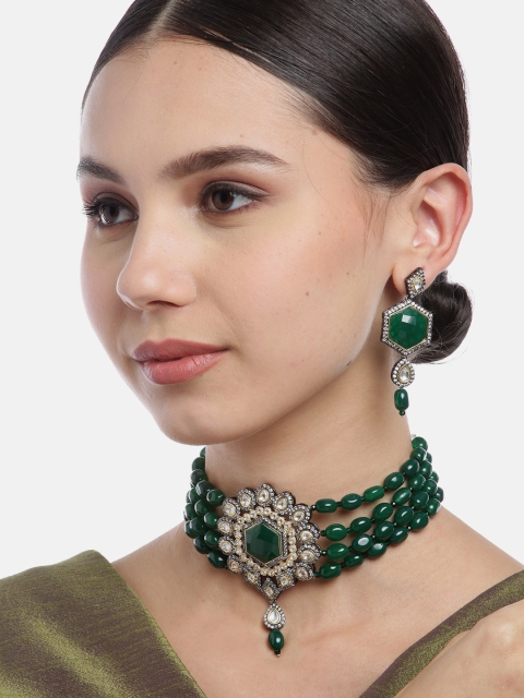 

Melani Borsa Green Rhodium-Plated Kundan Studded & Beaded Jewellery Set