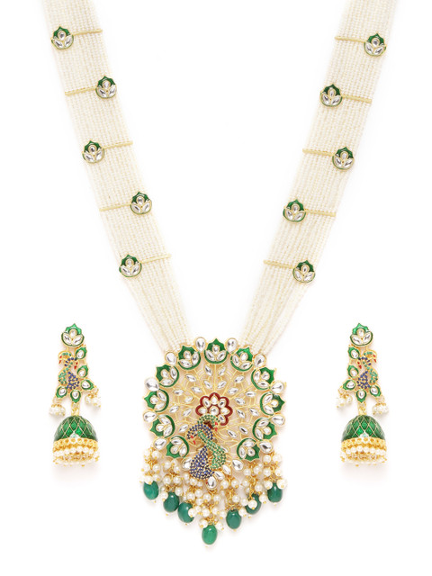 

Melani Borsa Green & Off-White Gold-Plated Kundan & Beaded Enamelled Jewellery Set